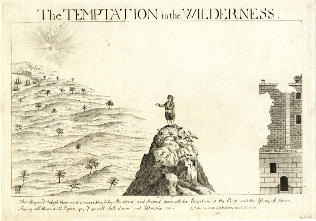 Eine Person steht auf einem Berg umgeben von Bäumen, mit einem Gebäude auf der rechten Seite und Text oben und unten mit der Aufschrift "Die Versuchung in der Wildnis".