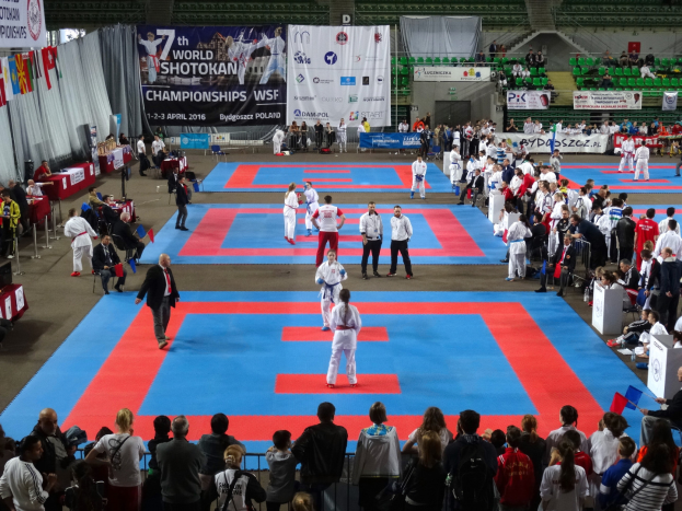 Eine Gruppe von Menschen steht auf einer blauen und roten Judo-Matte, umgeben von Zuschauern, mit Tischen, Bannern und Fahnen im Hintergrund bei den 7. World Shotokan-Meisterschaften in Polen.