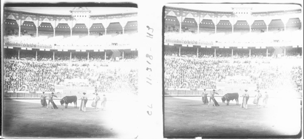 Schwarzes und weißes Foto eines Stierkampfs in einem Stadion mit Zuschauern auf den Tribünen und einigen Tieren und Menschen im Vordergrund.