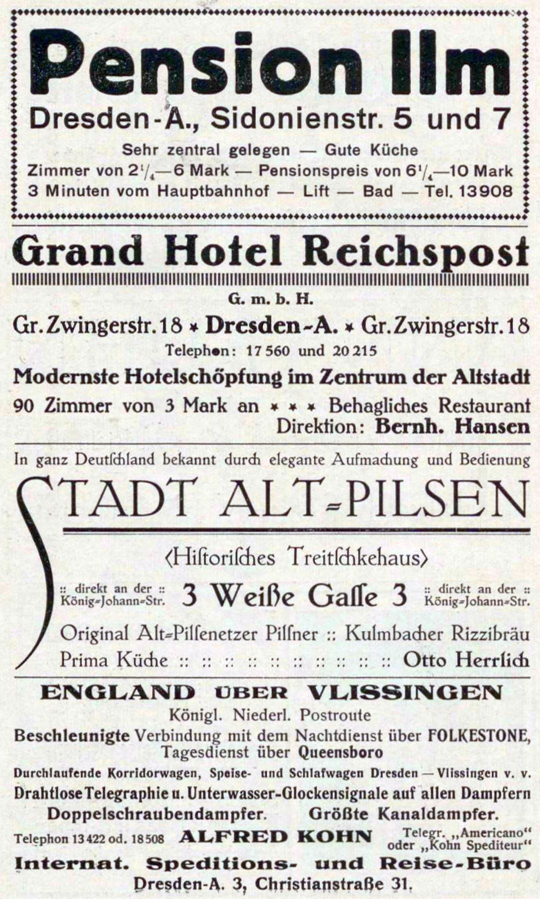 Schwarz-weiß-Anzeige für eine Pensionspension in Dresden, Deutschland, mit Text auf weißem Hintergrund.