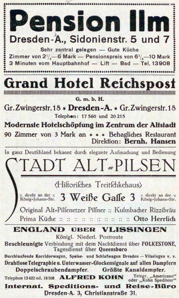 Schwarz-weiß-Anzeige für eine Pensionspension in Dresden, Deutschland, mit Text auf weißem Hintergrund.
