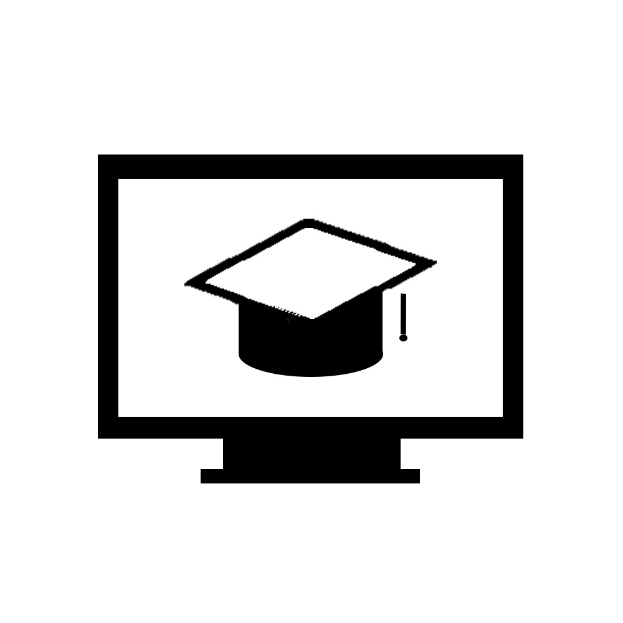 Ein Computerbildschirm, der ein schwarz-weißes Abschlusskap-Icon anzeigt, das die Online-Bildung darstellt.