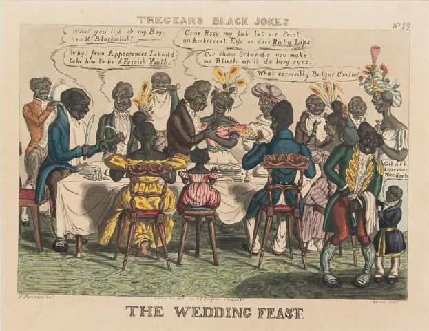 Eine Gruppe von Menschen in traditioneller afrikanischer Kleidung sitzt an einem Tisch bei einem Hochzeitsfest, mit Tellern, Gläsern und beschriebenem Papier auf dem Tisch.