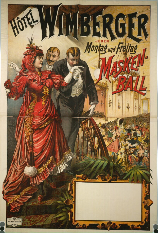 Eine Frau in einem roten Kleid steht in der Mitte eines Plakats für das Hotel Wimberger in Wien, Österreich, umgeben von einer Gruppe von Menschen, mit Text, der wahrscheinlich ein Ereignis beschreibt.