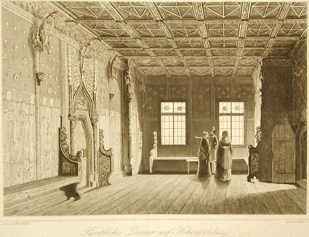 Eine Zeichnung eines Raumes mit Holzfußboden, geschnitzten Wänden, einer Bank und Fenstern, mit drei Personen darin stehend und Text unten lesend "Erstes Lichtes Limmer auf Höhensalming, die erste Kammer des Hauses der Heiligen Grabeskirche."