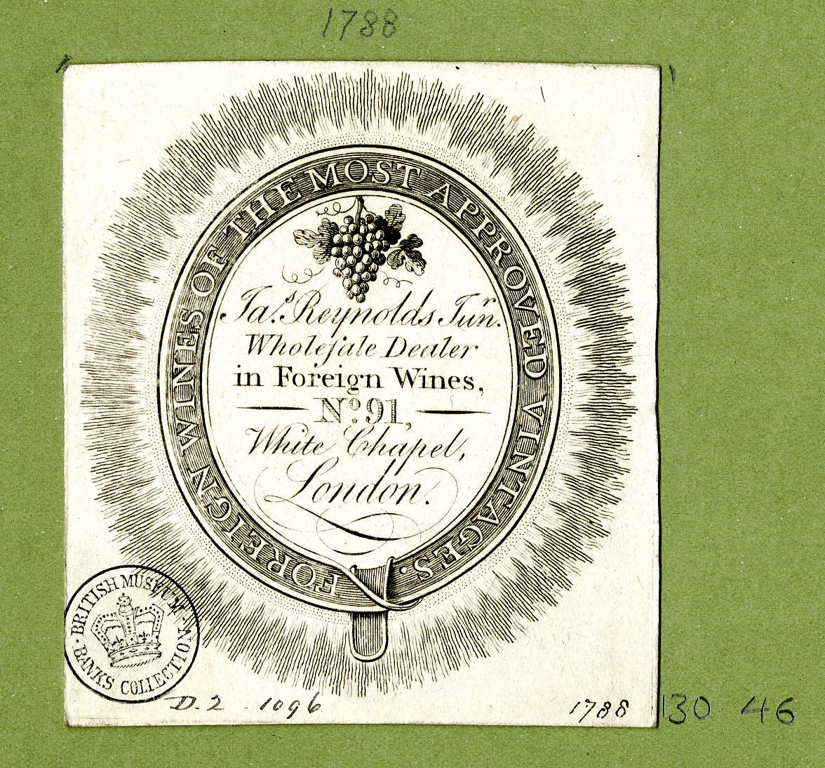 Plakat mit grünem Hintergrund, das den Text 'Das am meisten genehmigte bei ausländischen Weinen' und ein rundes Logo mit einem weißen Zentrum und einem schwarzen Rand zeigt.