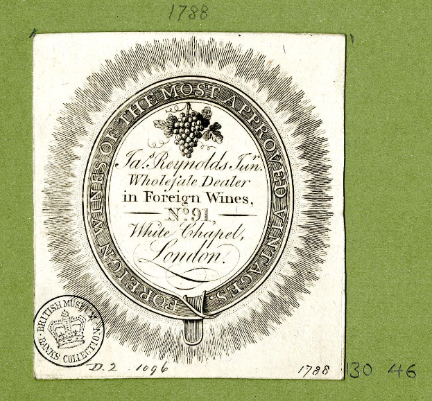 Plakat mit grünem Hintergrund, das den Text 'Das am meisten genehmigte bei ausländischen Weinen' und ein rundes Logo mit einem weißen Zentrum und einem schwarzen Rand zeigt.