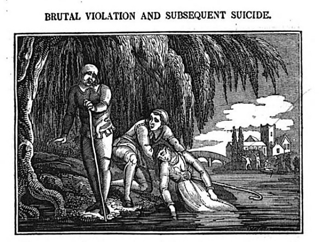 Schwarz-weißes Bild eines Mannes, der mit einem Stock über einer Frau steht, die auf dem Boden liegt, mit Bäumen, Gebäuden und einem bewölkten Himmel im Hintergrund; Text oben und unten lautet "brutale Gewalt und anschließender Suizid".