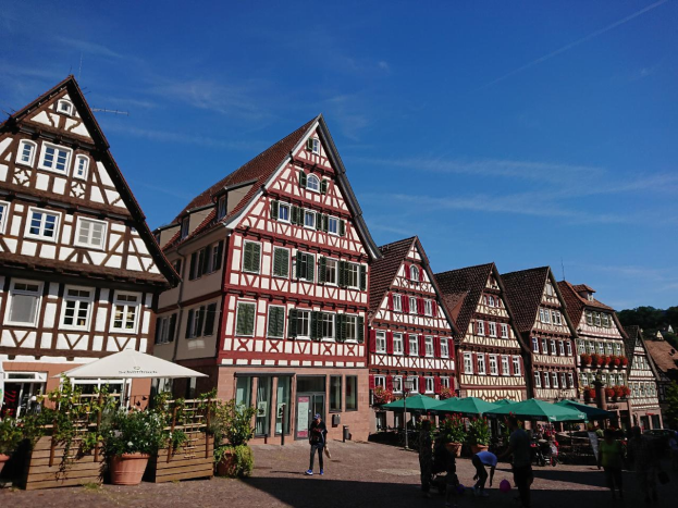 Eine Gruppe von Menschen, die eine Kopfsteinpflasterstraße mit Fachwerkhäusern in Rothenburg ob der Tauber, Deutschland, entlanggehen, umgeben von Pflanzen in Töpfen, Schirmen und Bäumen unter einem bewölkten Himmel.