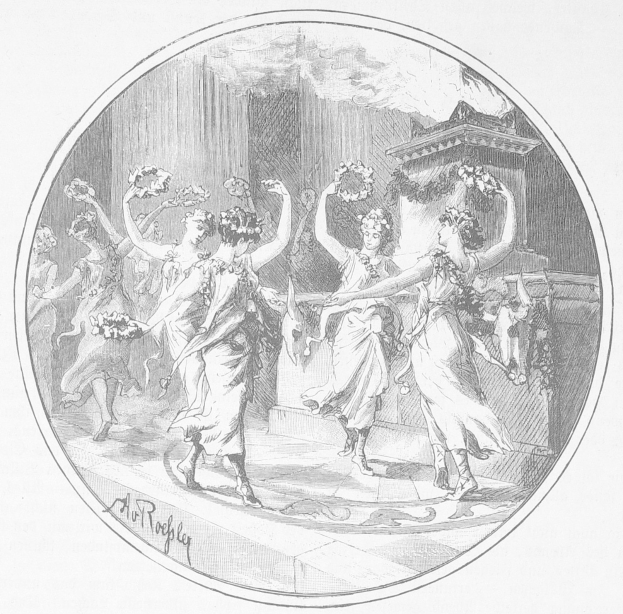 Schwarze und weiße Zeichnung von Frauen in bunten Kleidern, die mit erhobenen Armen vor einem hohen Gebäude mit einem großen Tor tanzen.