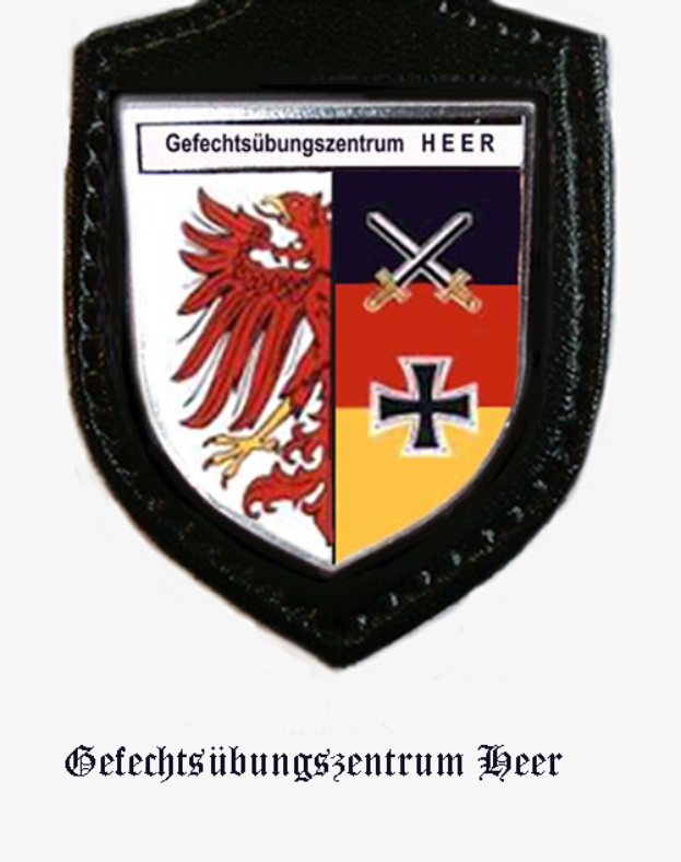Ein Schild mit einem roten und gelben Adler, flankiert von zwei gekreuzten Schwertern, mit deutschem Text darunter.