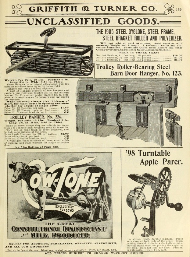 Eine alte Werbung mit einer zentralen Kuh, einer Maschine links und rechts davon und fetter Schrift sowie einem dekorativen Rahmen.