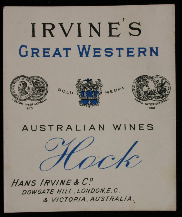Plakat, das Irvine's Great Western Australian Wines bewirbt, mit dem Namen des Unternehmens und Logos für den Wein.