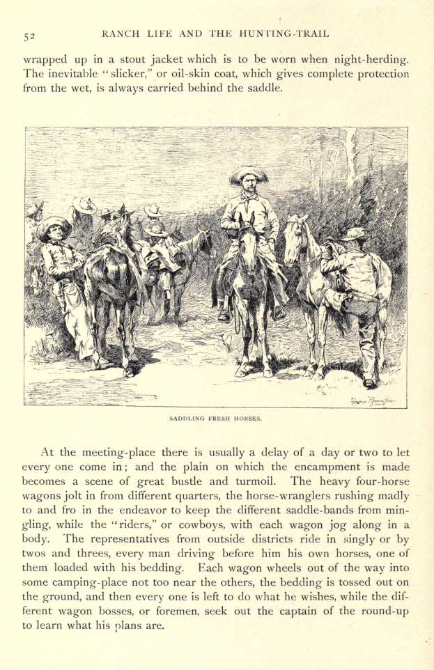 Eine Buchseite mit einer Illustration von Menschen in Cowboyhüten und -stiefeln, die auf galoppierenden Pferden über eine grüne Wiese reiten, mit dem Text "Ranch Life and the Hunting Trail".