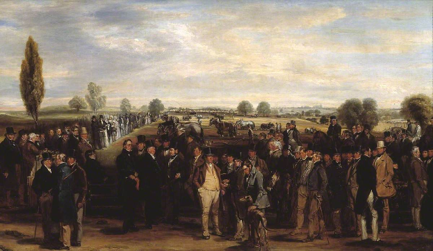 Ein Gemälde namens 'Das Derby' von George Stubbs, das eine Gruppe von Menschen zeigt, einige mit Hüten, die vor einer Menge stehen, mit Bäumen, Pferden und einem bewölkten Himmel im Hintergrund.