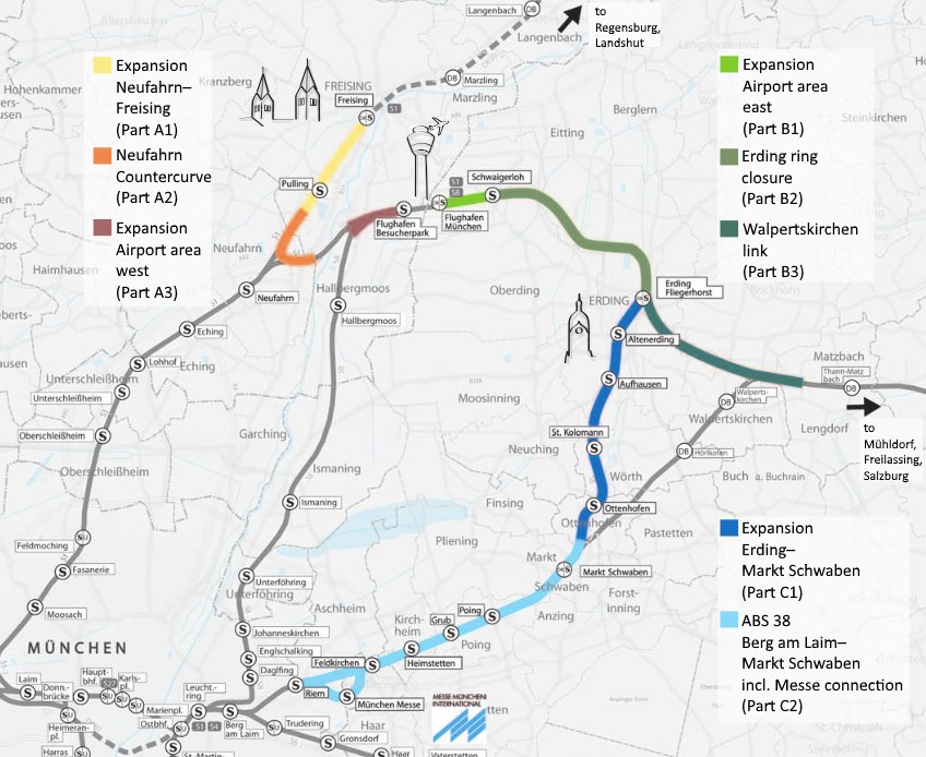 Eine detaillierte Karte einer Stadt mit einer hervorgehobenen Zugroute von München nach Frankfurt, einschließlich Haltestellen und Umgebung, sowie zusätzlicher Zuginformationen.