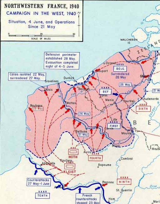 Ein Plakat, das eine detaillierte Karte von Nordfrankreich während des 1940er-Feldzugs im Westen zeigt, mit Text und numerischen Daten annotiert.