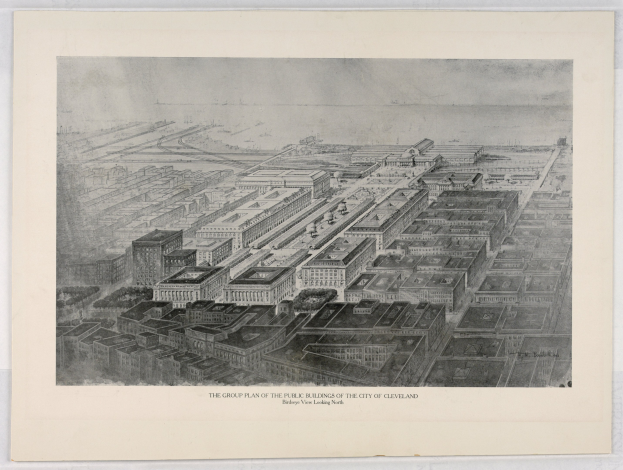 Schwarz-weißer Architekturplan von Cleveland mit öffentlichen Gebäuden und beschriftet
