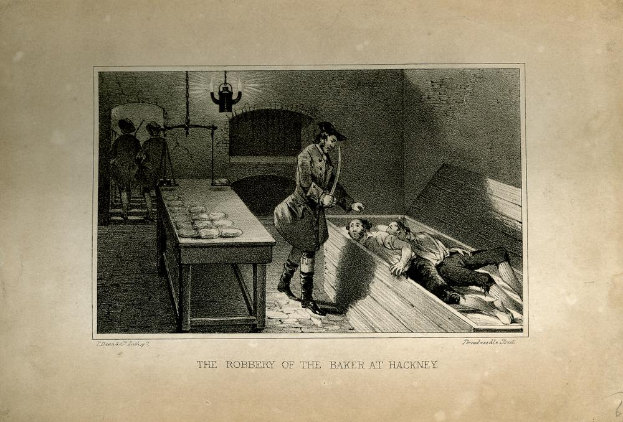 Ein Schwarz-Weiß-Bild eines Mannes mit einem Messer, der neben einem Bett mit zwei liegenden Personen steht, mit einem Tisch voller Gegenstände links und ein paar Menschen im Hintergrund; der Text "Die Räuberei des Bäckers in Hackney" ist unten geschrieben.