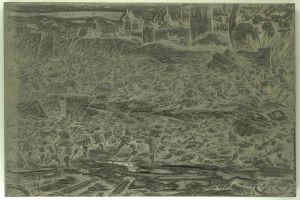 Eine Schwarz-Weiß-Zeichnung einer chaotischen Szene mit aufgeregten Menschen, die davonlaufen, hohen Gebäuden im Hintergrund und verstreuten Gegenständen, mit Text unten.