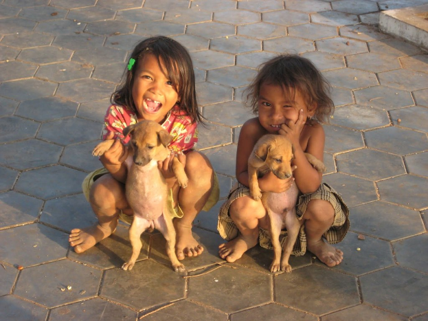 Zwei Kinder, die je einen kleinen Hund in den H├Ąnden halten.