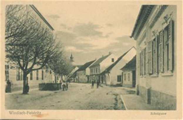 Ein Schwarz-Weiß-Foto einer Straße in Windisch-Pelstritz, Deutschland, circa 1900, mit Gebäuden, Bäumen, Menschen und einem bewölkten Himmel.