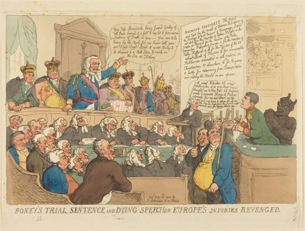 Cartoon-Courtroom-Szene mit einem zentralen stehenden Mann, sitzenden Figuren, einem Tisch mit Gegenständen rechts und Text, der unten 'Boney's Trial, Sentence and Dying Speech Europe's Injuries Revenged' liest.