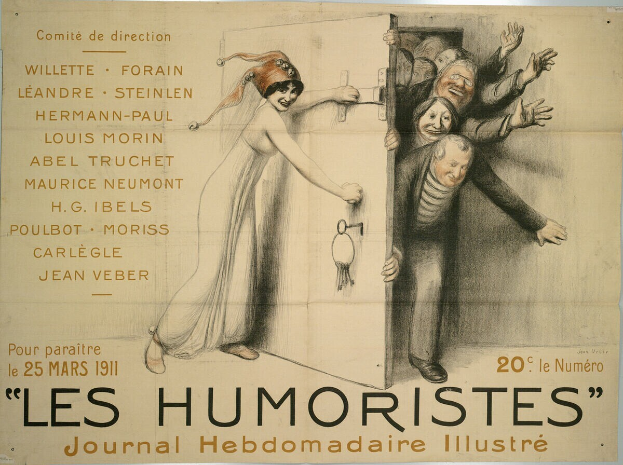 Ein Plakat an einer Gebäudewand mit einer Gruppe lachender, fröhlicher Menschen und der Schrift "Les Humoristes Journal Hebdomadaire Illustré" in fetter Schrift oben.