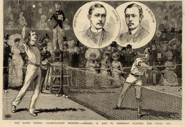 Eine Schwarz-Weiß-Zeichnung von zwei Männern, die auf einem Platz mit Zuschauern im Hintergrund Tennis spielen, und ein Text unten, der lautet: "The Lawn Tennis Championship Meeting - Messers, E und W Renshaw spielen das entscheidende Satz."