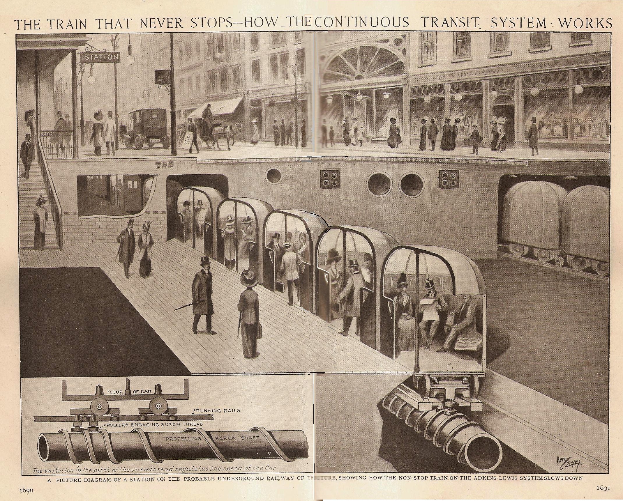 Eine Zeitung mit Bildern von Menschen, Zügen und anderen Gegenständen sowie dem Text "Der Zug, der nie aufhört - so funktioniert das ständige Transportsystem".
