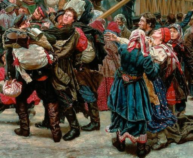 Gemlde von Menschen in traditioneller russischer Kleidung, die vor einer Menge tanzen, whrend einer lebendigen, festlichen Szenerie, mit einigen, die Gegenstnde halten, vor einem hölzernen Haus im Hintergrund.