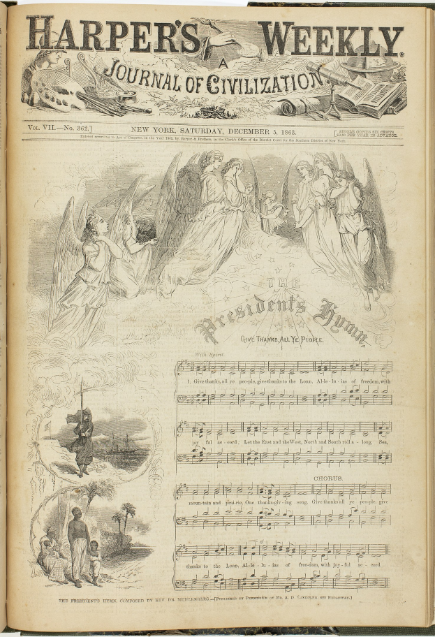 Offenes Buch mit dem Titel "Harper's Weekly Journal of Civilization", das eine Gruppenillustration verschiedener Menschen sowie verschiedenen Text und Bilder zeigt.