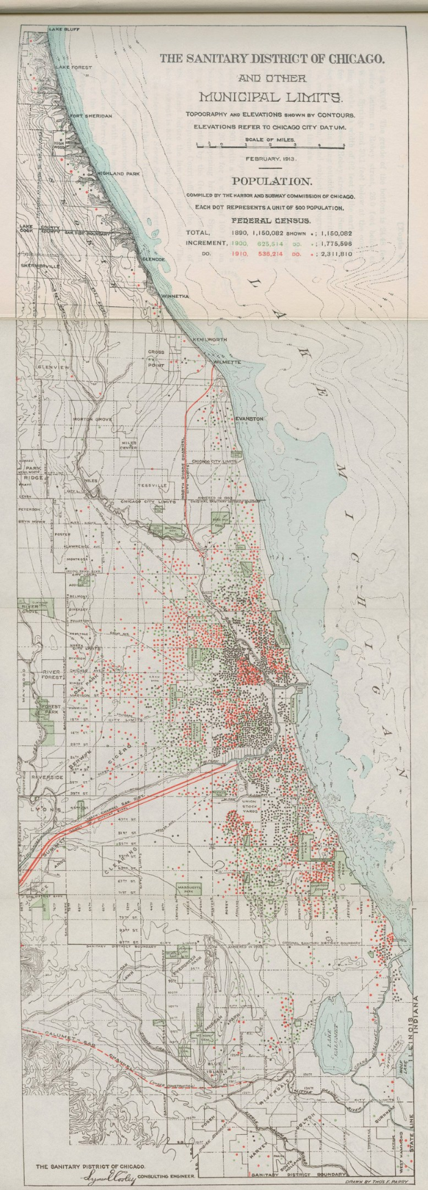 Schwarze und weiße Karte des Sanitärbezirks von Chicago, die die kommunalen Grenzen und Textbeschriftungen zeigt.