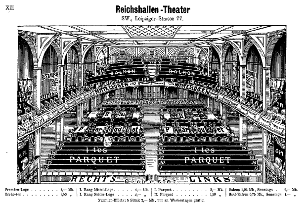 Schwarze und weiße Zeichnung des Reichshallen Theaters in Berlin, die ein detalliertes Auditorium mit Text oben und unten zeigt.