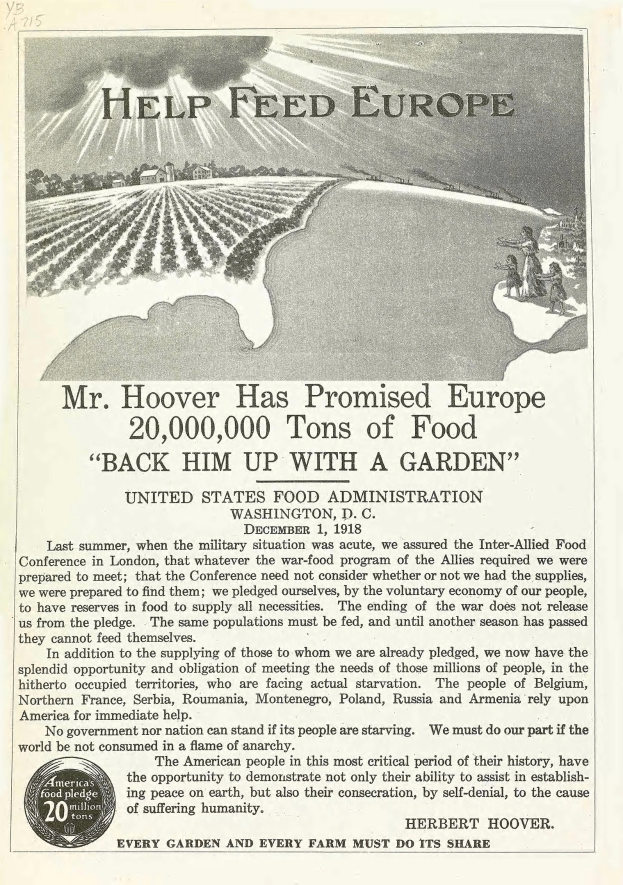 Plakatwerbung für die Initiative von Herrn Hoover zur Unterstützung der Ernährung in Europa, mit Text und Bild.