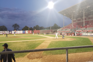 Baseball-Spiel in einem Stadion mit Zuschauern in den Rängen, Bäumen, Pfählen, Lichtern, Werbetafeln und einem klaren blauen Himmel im Hintergrund.