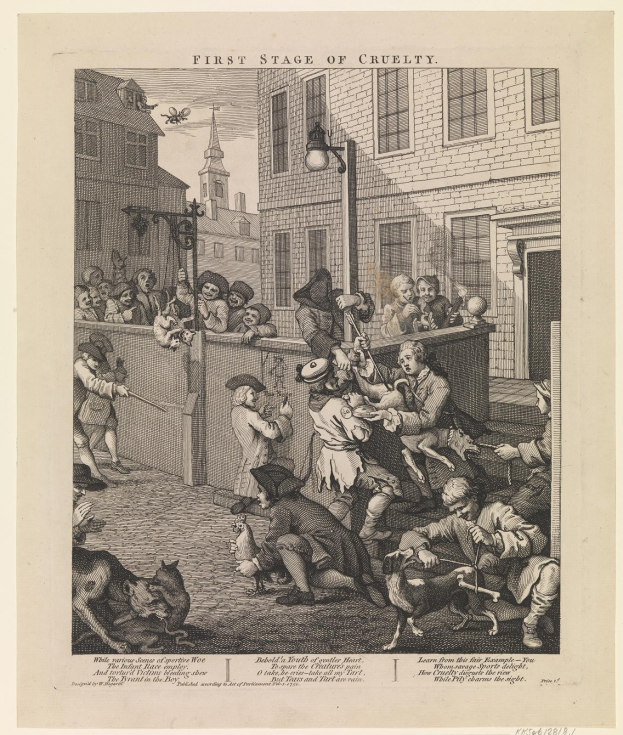 Eine Gruppe von Menschen und Tieren versammelt sich um ein Gebäude mit Fenstern und einem Laternenmast, mit dem Text "Erste Stufe der Grausamkeit" unten.