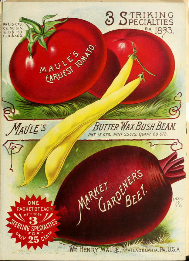 Ein Vintage-Plakat mit einer Vielfalt an farbenfrohen Gemüsen, darunter Tomaten und Rote Bete, die in einem ansprechenden Muster mit überlappenden Elementen angeordnet sind, und der Text "Market Gardener's Beet" in einer fetten Schriftart quer darüber.