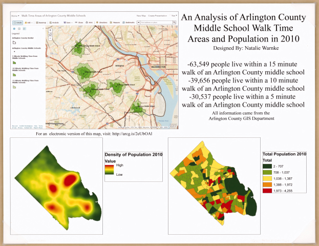 Eine Karte der Arlington County Middle School Gehzeitbereiche und Bevölkerung von 2010, mit farblich gekennzeichneten Regionen, die die Bevölkerungsdichte anzeigen und begleitende Textdaten.