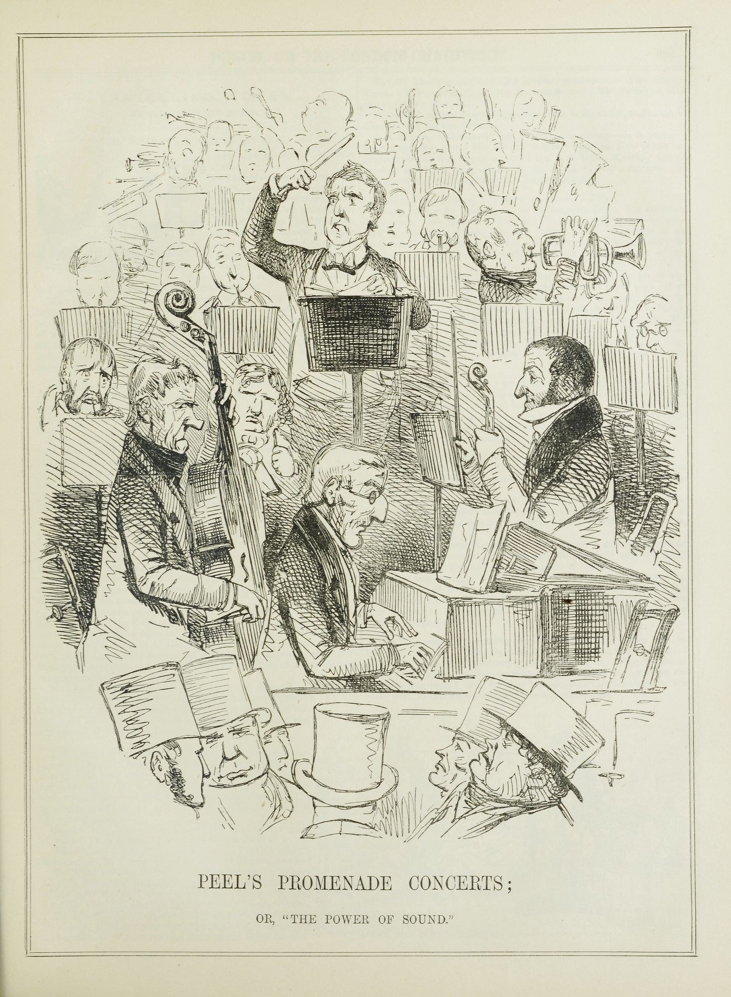 Eine Zeichnung einer Gruppe von Musikern, die Instrumente spielen, mit dem Text "Peel's Promenade Concerts oder, die Kraft des Klangs" unten.