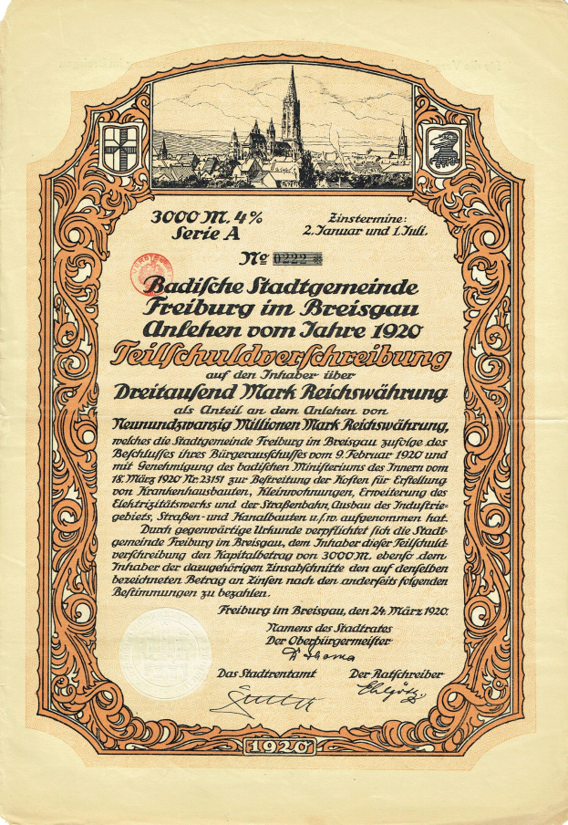 Altes deutsches Aktienzertifikat mit einer Stadtansicht und gedrucktem Text, das wahrscheinlich seinen Ursprung beschreibt.