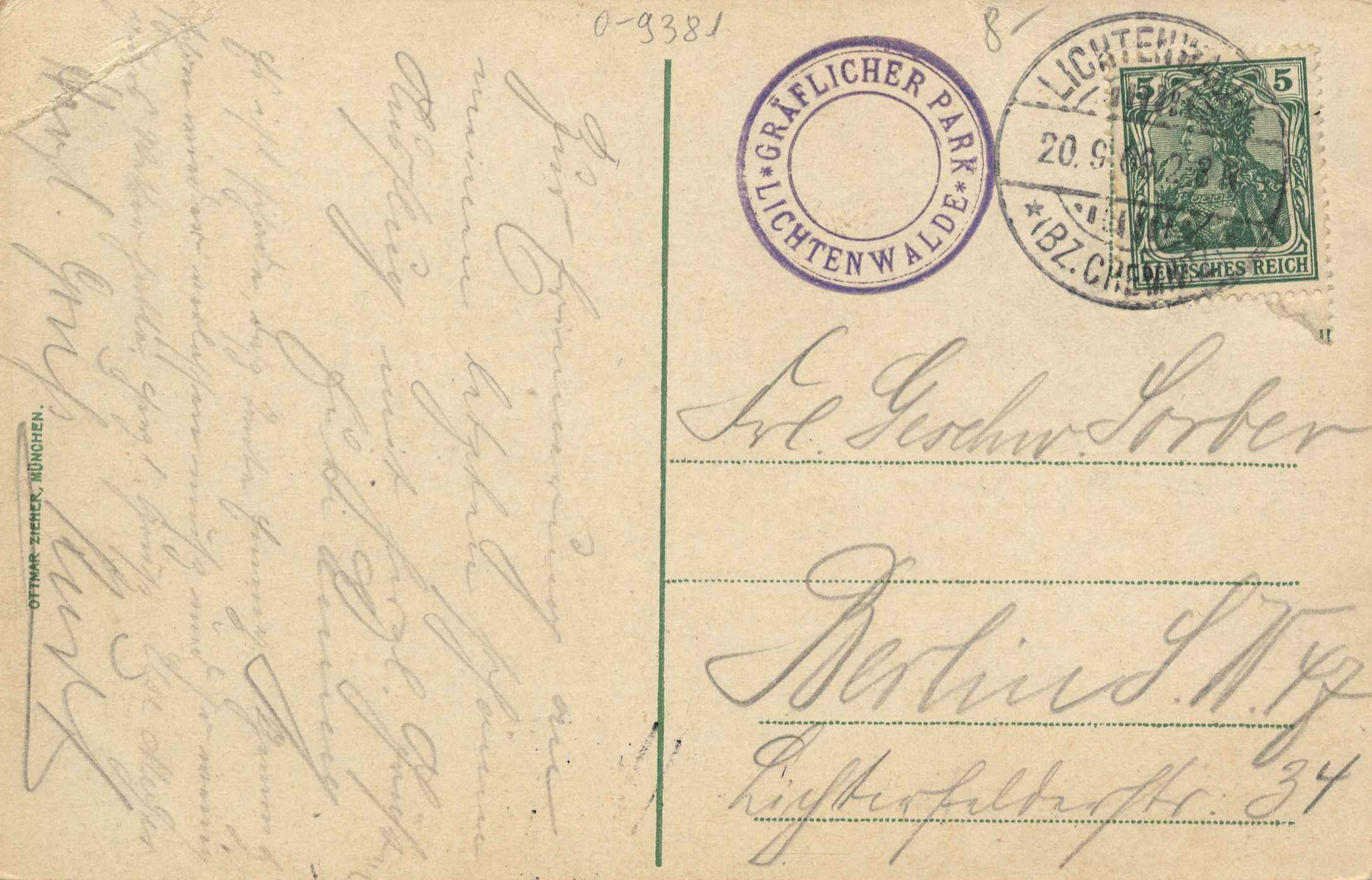 Alte Postkarte mit einer Briefmarke, die "Lichtenwald, Deutschland - Einschreiben nach Deutschland" lautet, und handgeschriebener Text sowie zwei zusätzliche Stempel in der rechten oberen Ecke.