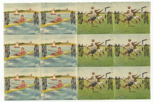 Ein Collage-Bild mit Menschen beim Fußballspielen und Booten auf dem Wasser, mit Individuals in Sportkleidung, die Spaß haben.