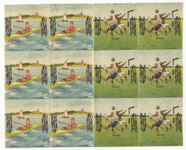 Ein Collage-Bild mit Menschen beim Fußballspielen und Booten auf dem Wasser, mit Individuals in Sportkleidung, die Spaß haben.