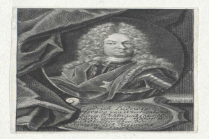 Ein Schwarzweiß-Stich von einem ernsthaft dreinblickenden Mann mit langen Locken, identifiziert als Ludwig von Würzburg, der eine Rüstung trägt.