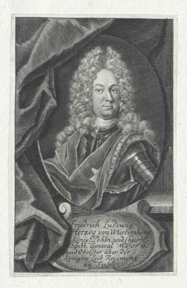 Ein Schwarzweiß-Stich von einem ernsthaft dreinblickenden Mann mit langen Locken, identifiziert als Ludwig von Würzburg, der eine Rüstung trägt.