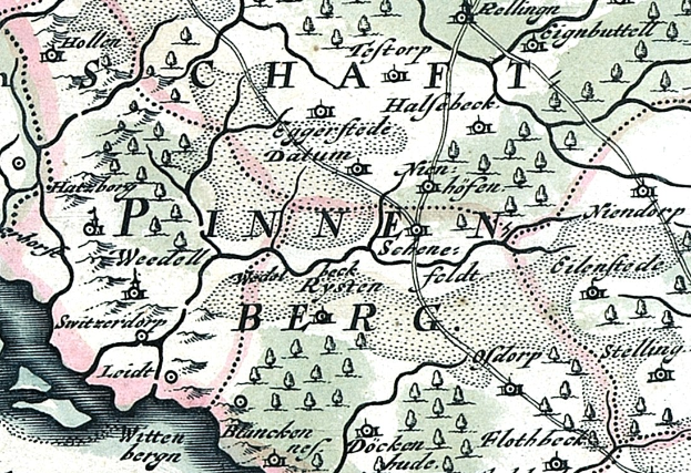 Detailiertes altes Stadtplan von Painen, Deutschland, mit Straßen, Gebäuden, Sehenswürdigkeiten und Text mit zusätzlichen Stadtinformationen.