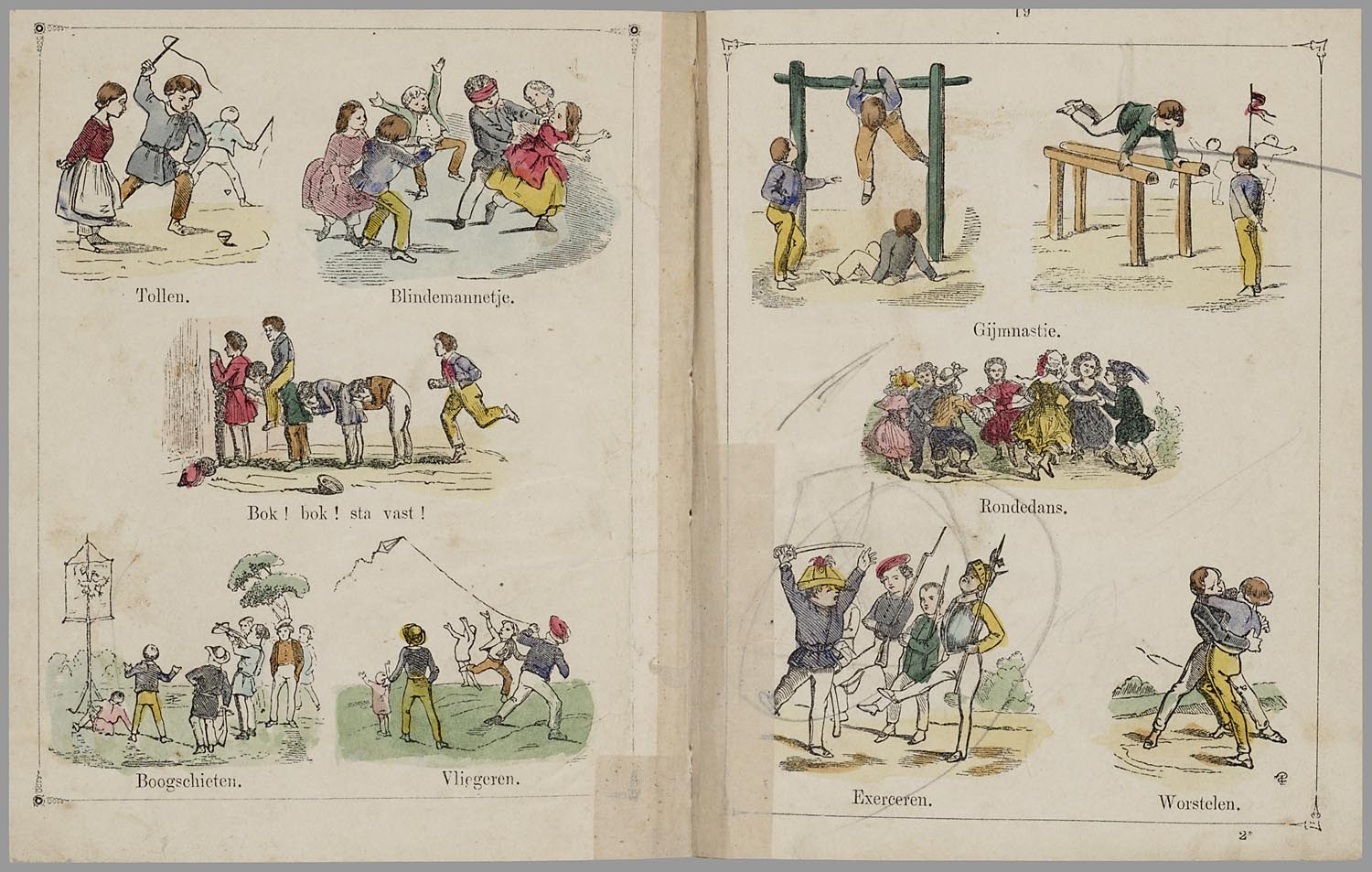 Offenes Buch mit Illustrationen von Menschen beim Sport wie Laufen, Springen und Ballspielen, begleitet von erklärendem Text.