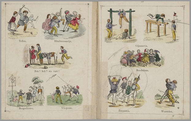 Offenes Buch mit Illustrationen von Menschen beim Sport wie Laufen, Springen und Ballspielen, begleitet von erklärendem Text.
