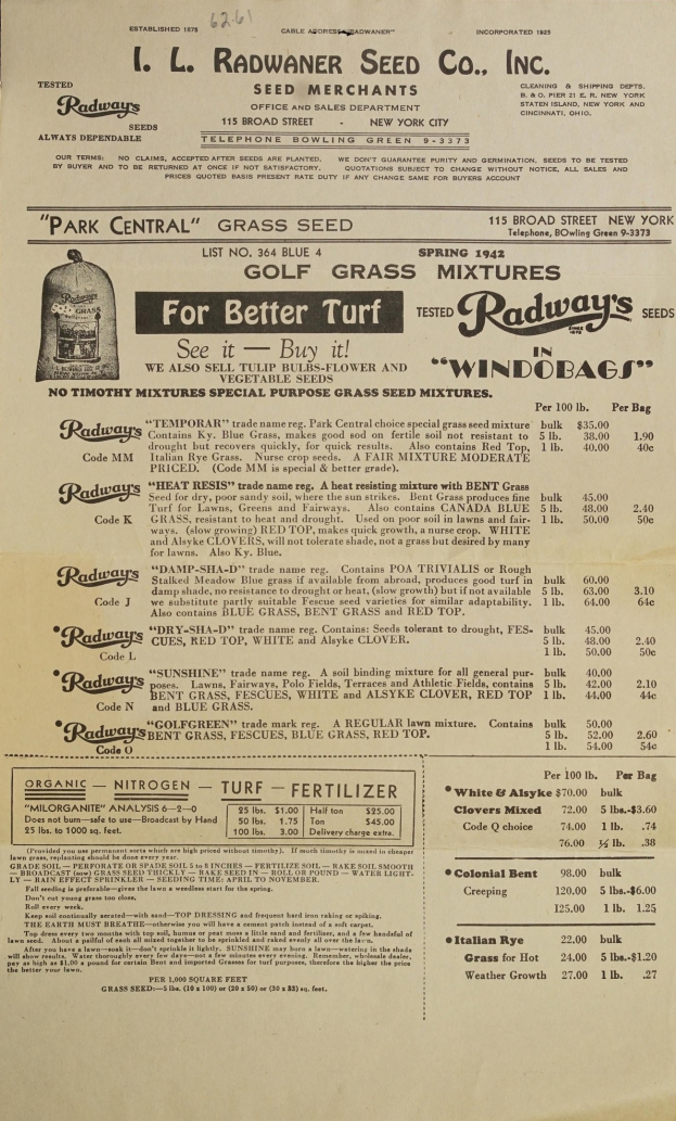 Alte Werbung für Radway's Seed Co. Inc. auf einem Stück Papier mit Text, der die Dienstleistungen des Unternehmens beschreibt.